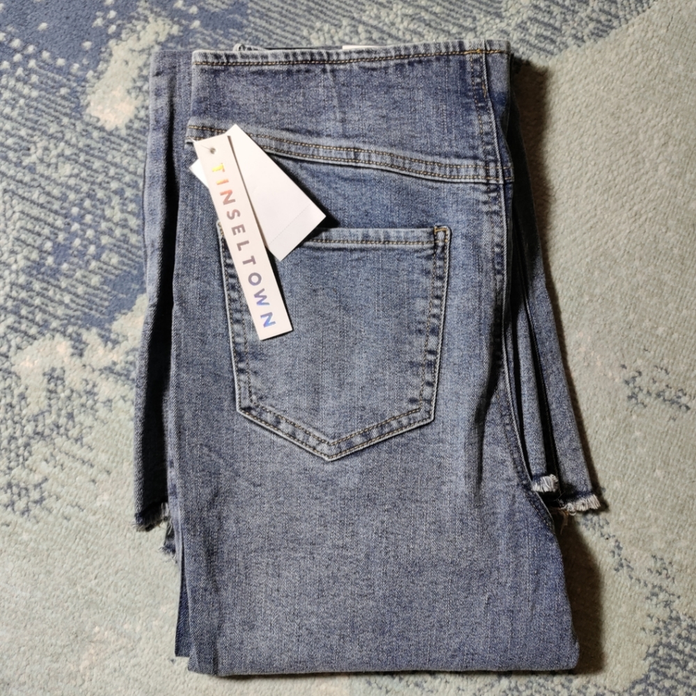Tinseltown High Rise Flare Distress Raw Hem Jeans Size 7
